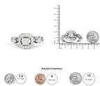 Silver ring with size comparison to coins and a ruler on a white background