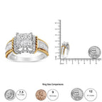 Two diamond rings with size comparison chart on a white background