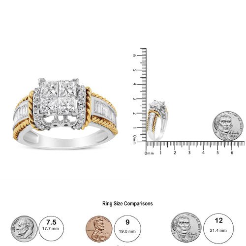 Two diamond rings with size comparison chart on a white background