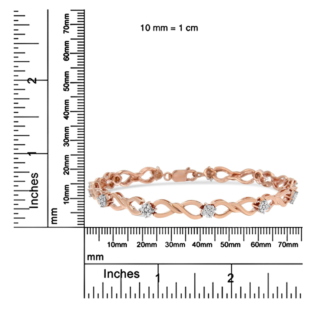 Rose gold bracelet with diamonds on a white background with measurement scale