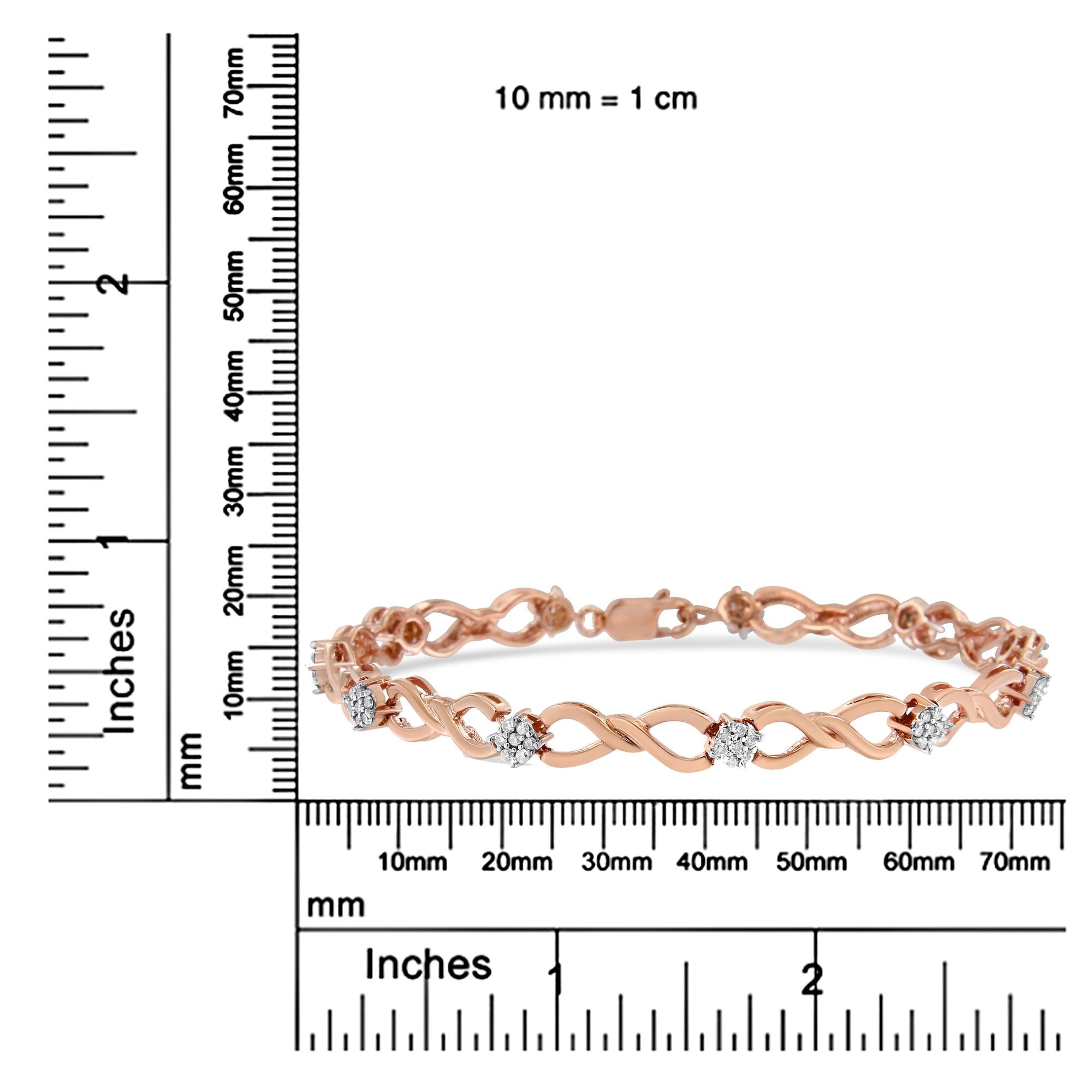 Rose gold bracelet with diamonds on a white background with measurement scale