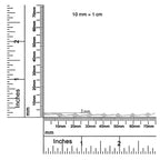 Ruler with dual measurement scales in millimeters and inches on a white background