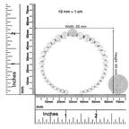 Measurement chart showing a bracelet with white beads and a silver clasp, using both millimeter and inch scales.