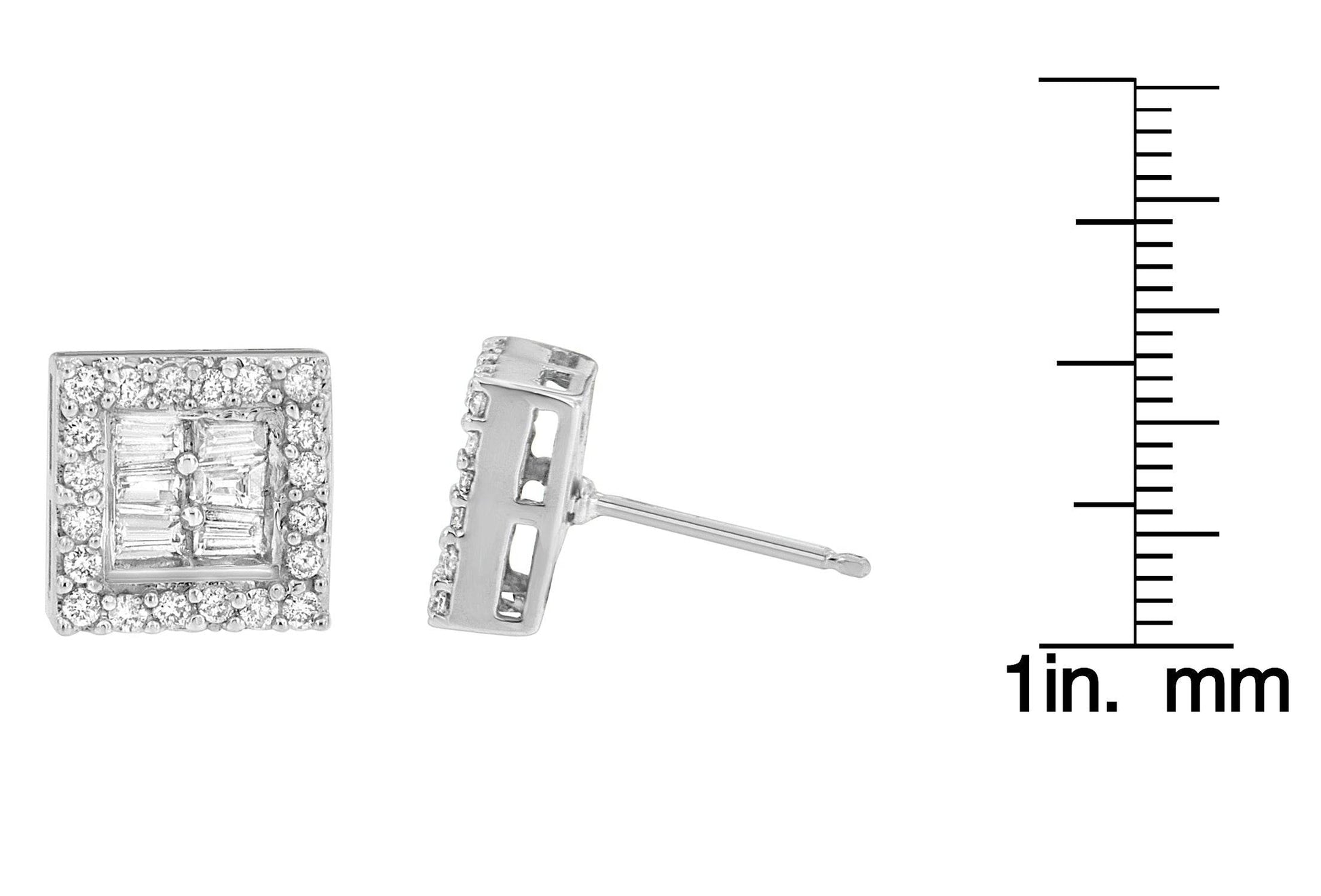 14K White Gold 1 cttw Round and Baguette Diamond Stud Earrings (H-I, SI1-SI2) - Bijoux-NYC Direct