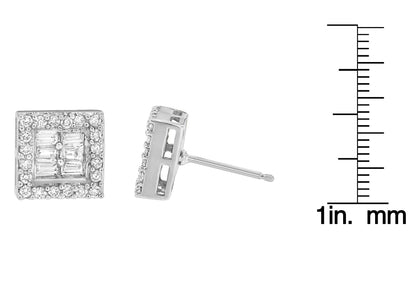 14K White Gold 1 cttw Round and Baguette Diamond Stud Earrings (H-I, SI1-SI2) - Bijoux-NYC Direct