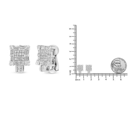 14K White Gold 1.0 Cttw Princess and Baguette-Cut Diamond Square Framed Huggie Hoop Omega Earrings (H-I Color, SI1-SI2 Clarity) - Bijoux-NYC Direct