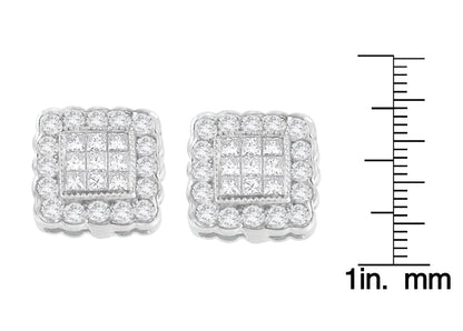 14K White Gold 1.0 Cttw Round Brilliant & Princess Cut Diamond Scallop-Edge Framed Square Halo Stud Earrings (G-H Color, SI1-SI2 Clarity) - Bijoux-NYC Direct