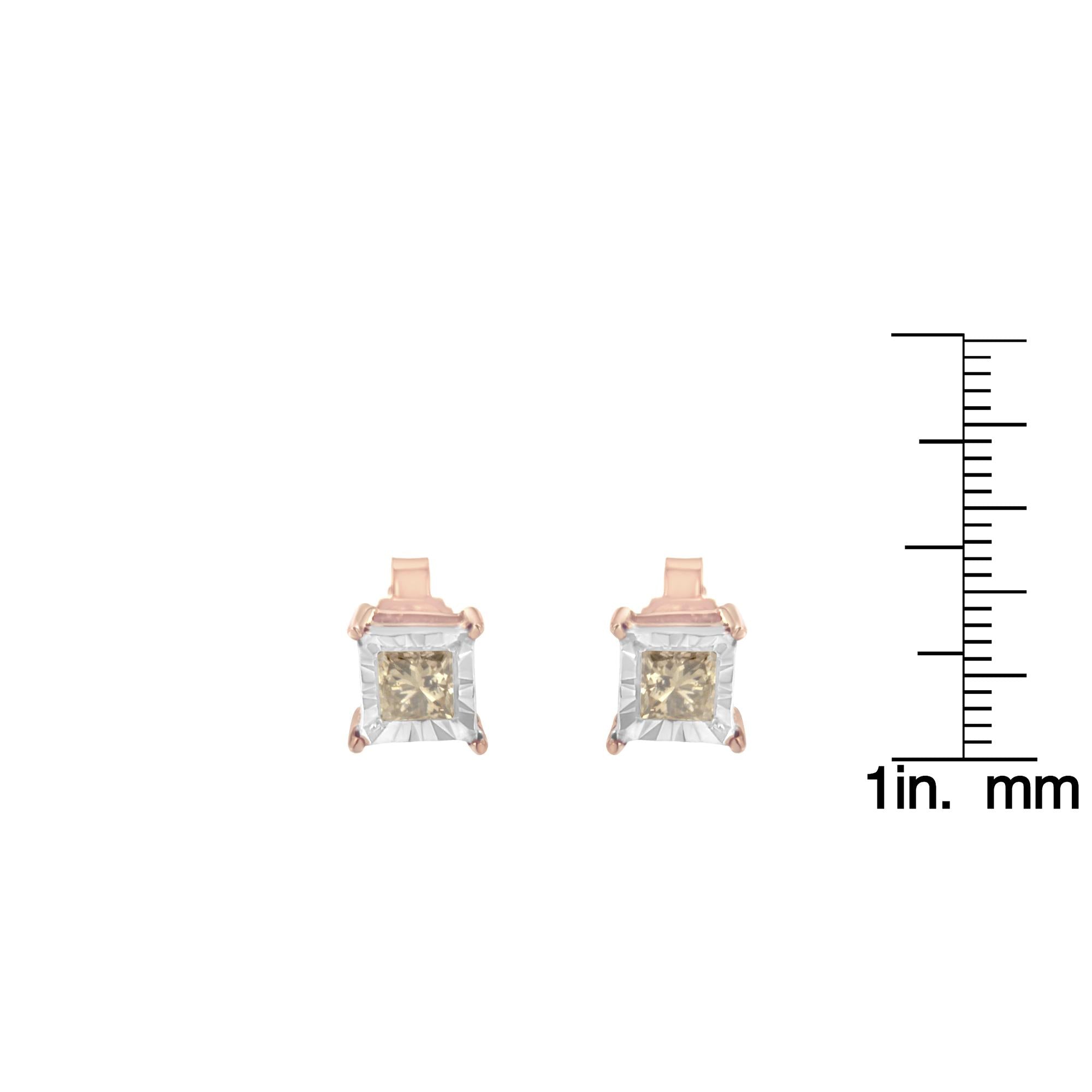Rose gold square-cut gemstone earrings with a measurement scale on a white background