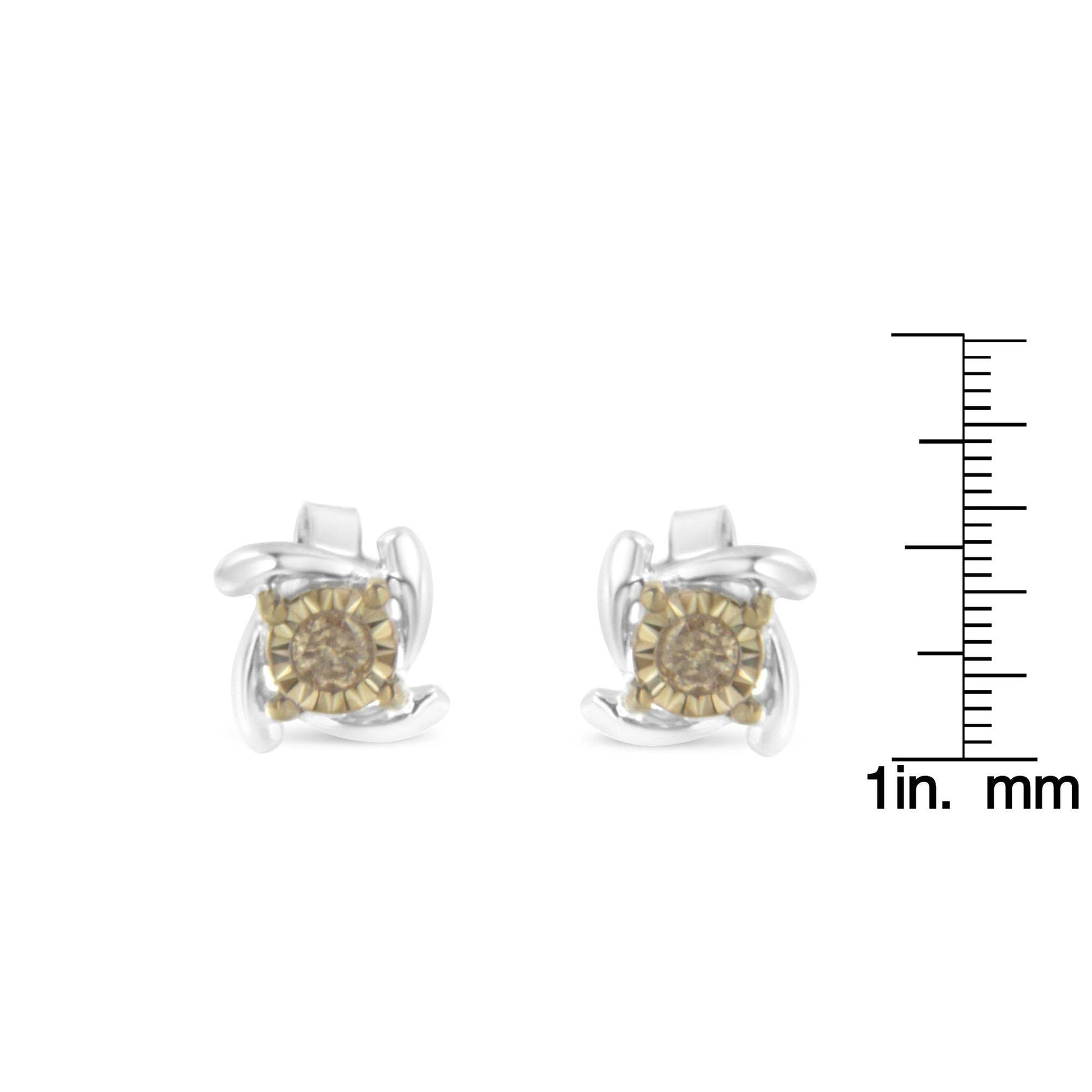 Two-Toned Sterling-Silver Diamond Stud Earring (0.10 cttw, Champagne Color, I2-I3 Clarity) - Bijoux-NYC Direct