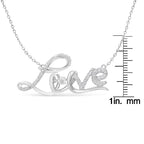 Silver 'LOVE' necklace with chain and measurement scale on a white background