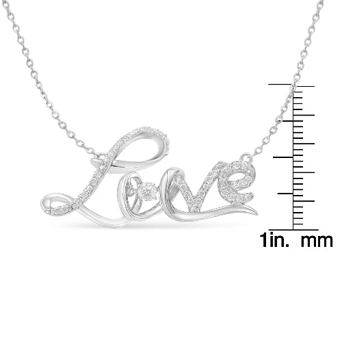 Silver 'LOVE' necklace with chain and measurement scale on a white background