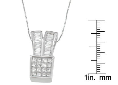 14K White Gold 1 1/3 cttw Princess and Baguette Cut Diamond Sparkling Shapes Pendant Necklace (H-I, SI1-SI2) - Bijoux-NYC Direct