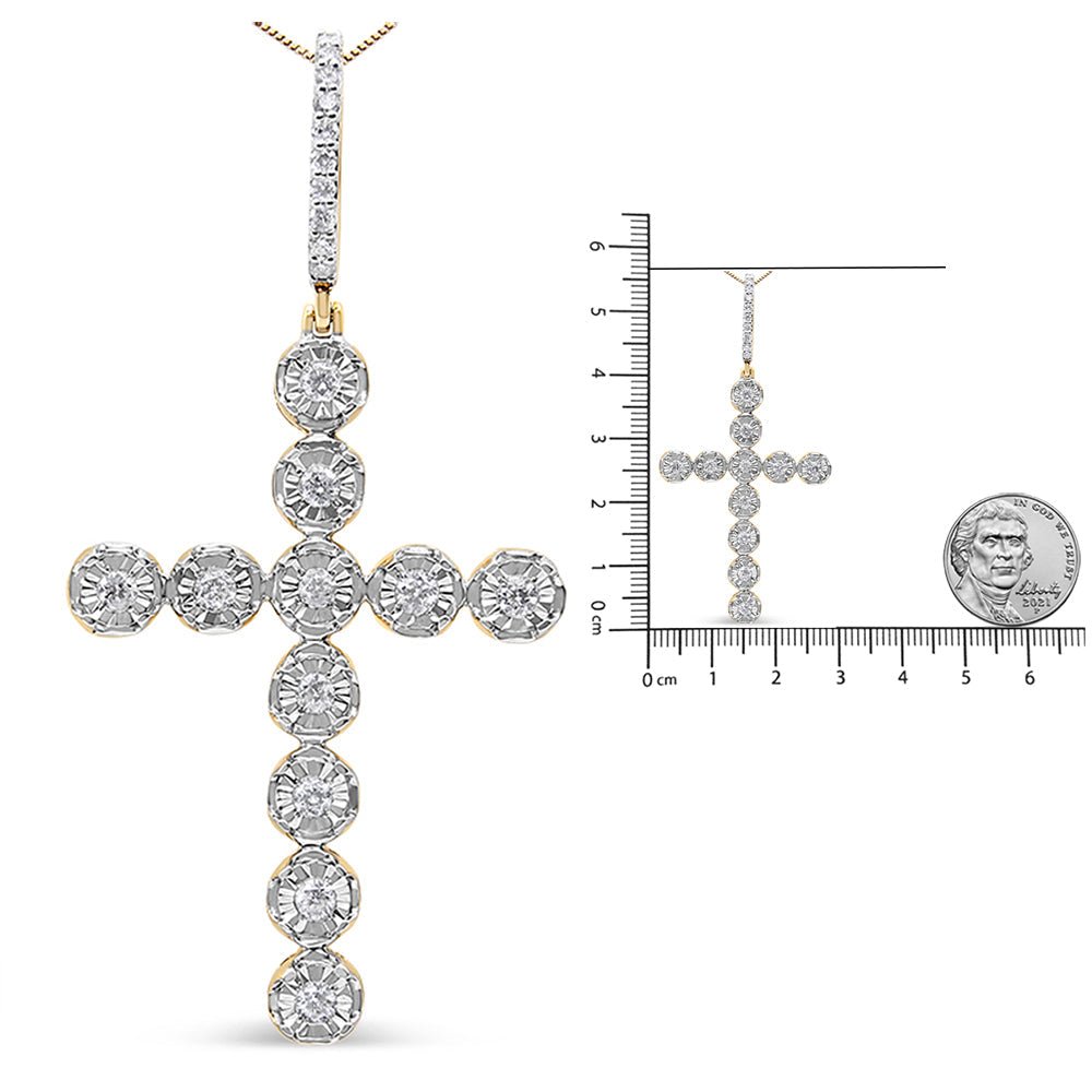 Diamond cross pendant with measurement scale on a white background