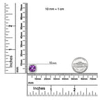 Measurement of a purple gemstone earring with a ruler and Monteverde Fine Jewelry logo.