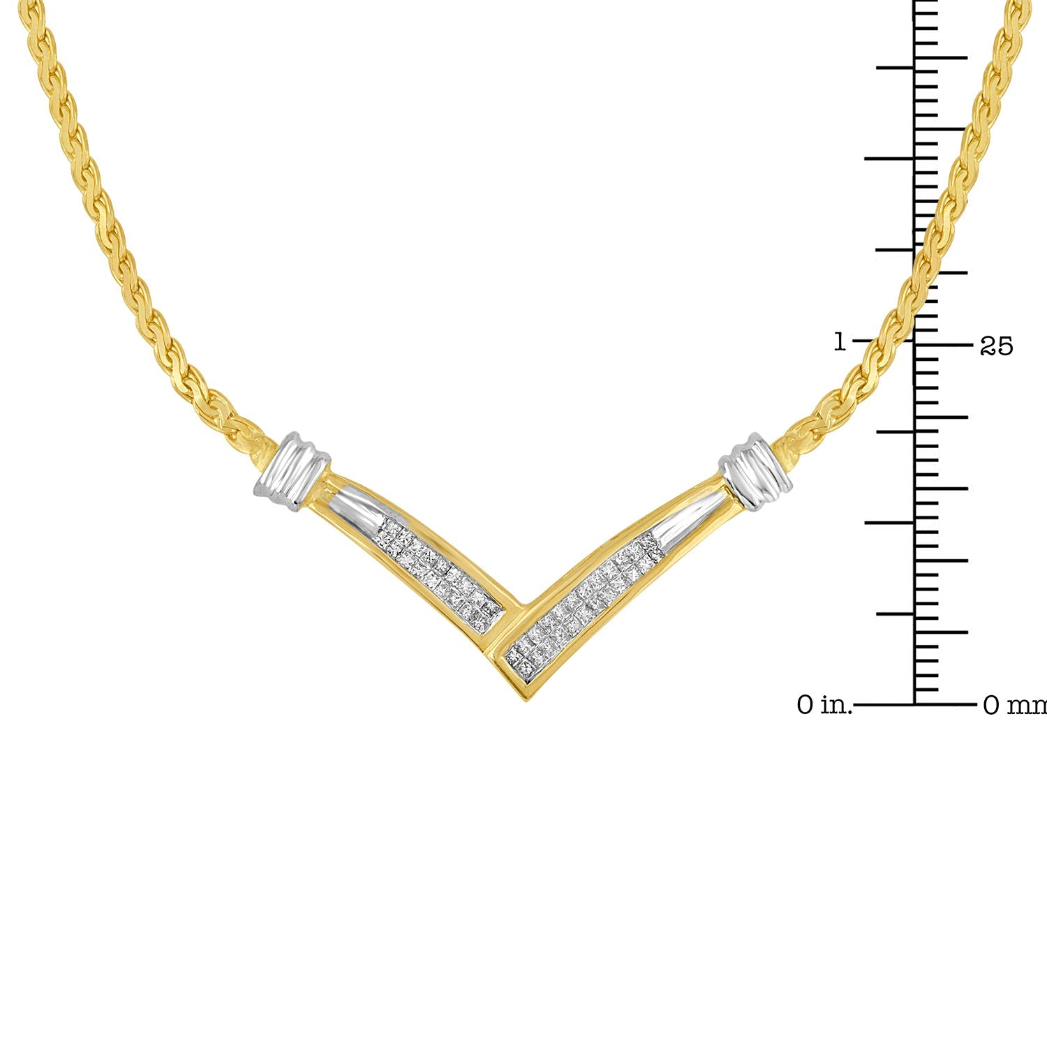 10K Yellow and White Gold 1/2 Cttw Princess Cut Diamond Channel-Set “V” Shape 18" Franco Chain Necklace (H-I Color, SI2-I1 Clarity) - Bijoux-NYC Direct