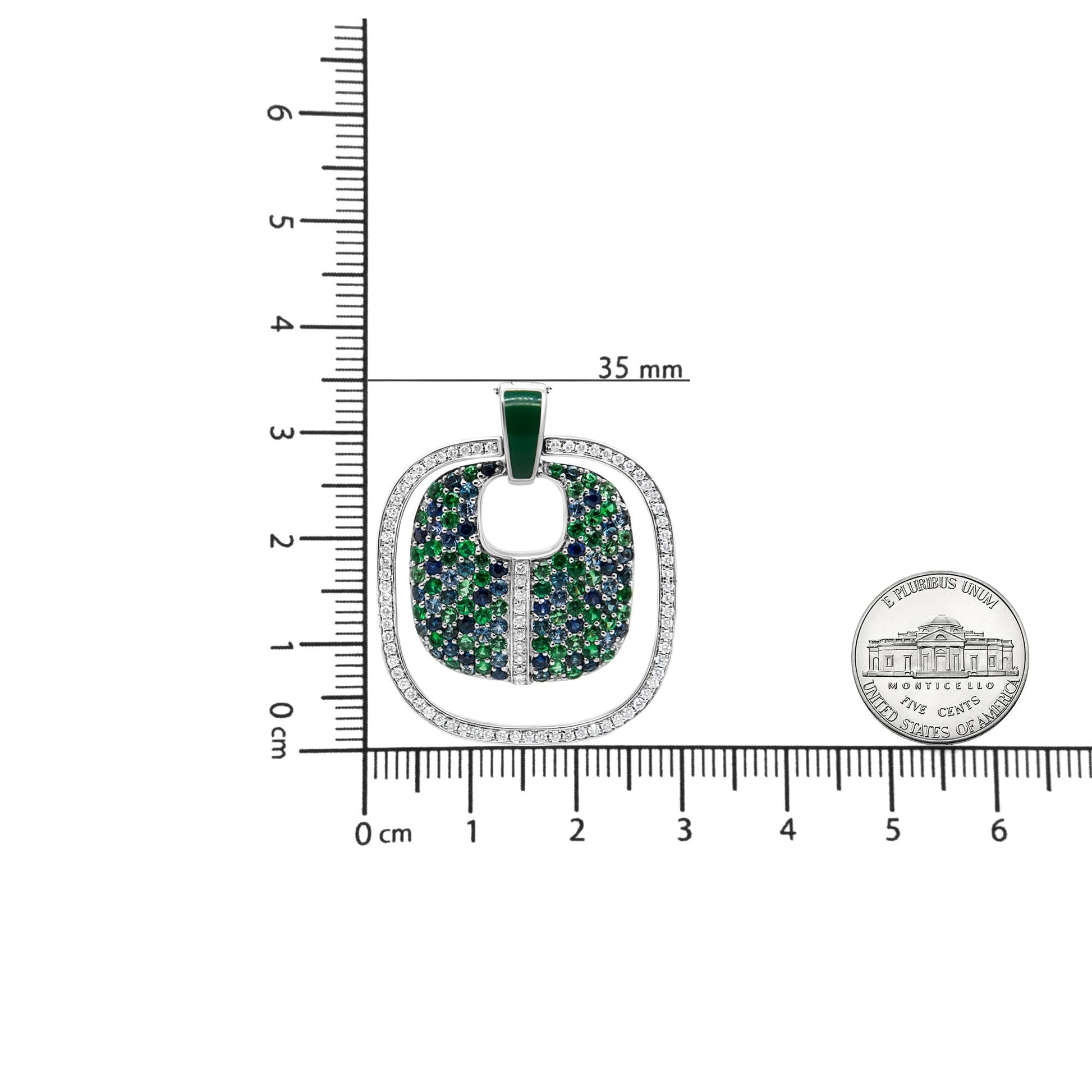 .925 Sterling Silver Green Enamel Pendant with 1/2 Cttw Diamond, Sapphire, and Tsavorite Openwork Statement 18" Pendant Necklace (F-G Color, VS1-VS2 Clarity) - Bijoux-NYC Direct