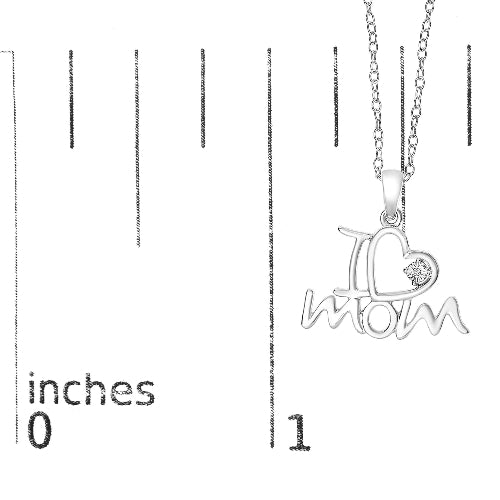 Silver 'I ❤️ Mom' necklace with chain on a measurement scale.