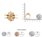 Gold ring with size comparison to coins on a white background