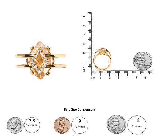 Gold ring with size comparison to coins on a white background