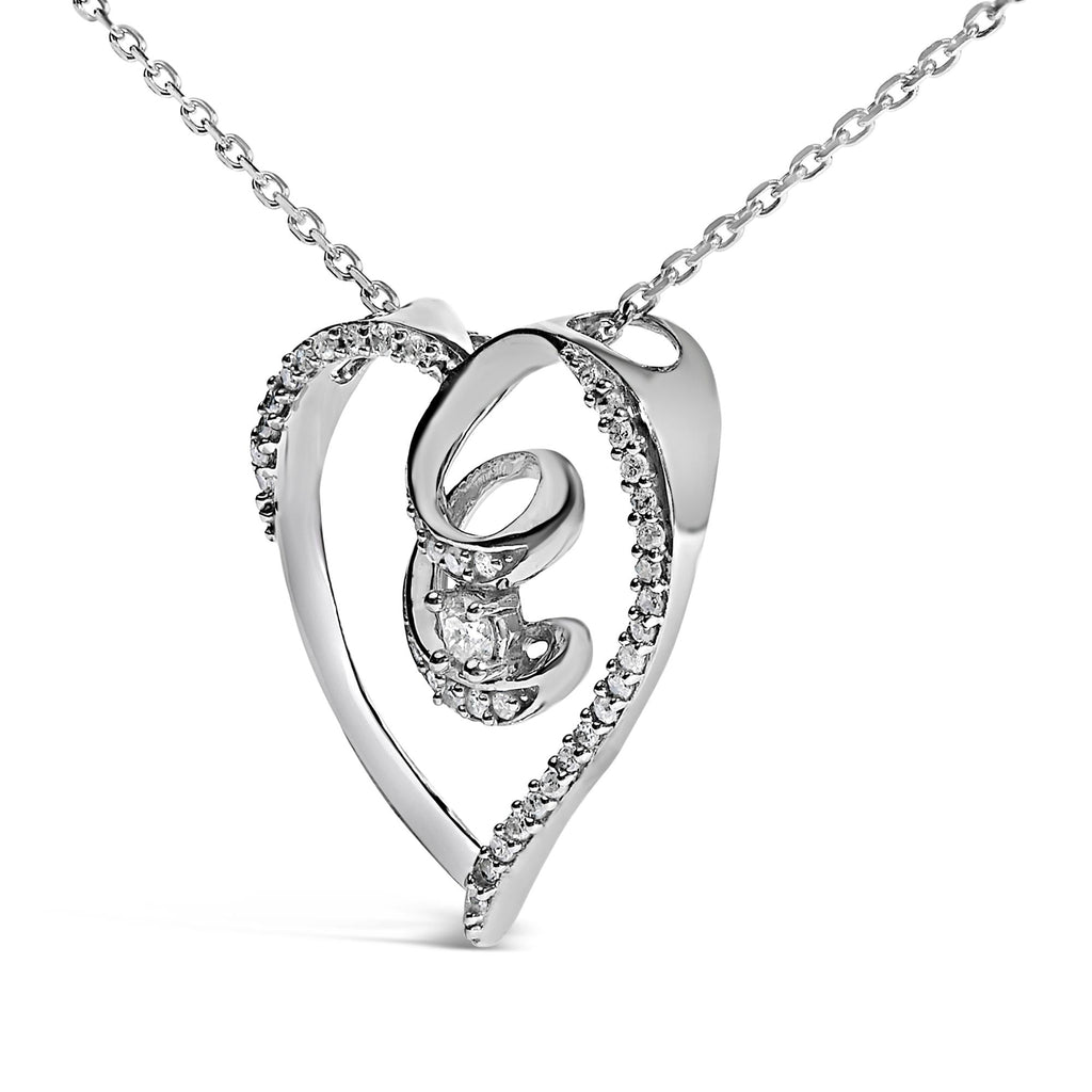 Diamond Heart Awareness Ribbon Pendant Necklace in Sterling Silver