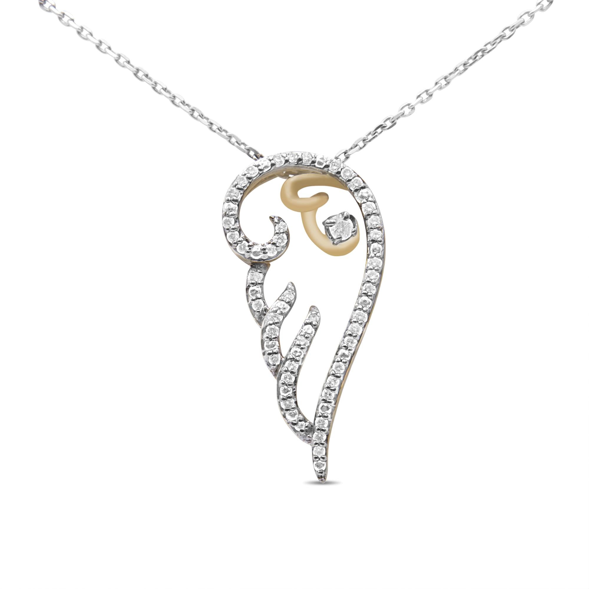 10K Yellow Gold over .925 Sterling Silver 1/4 Cttw Diamond Angel Wing 18" Pendant Necklace (H-I Color, I1-I2 Clarity)
