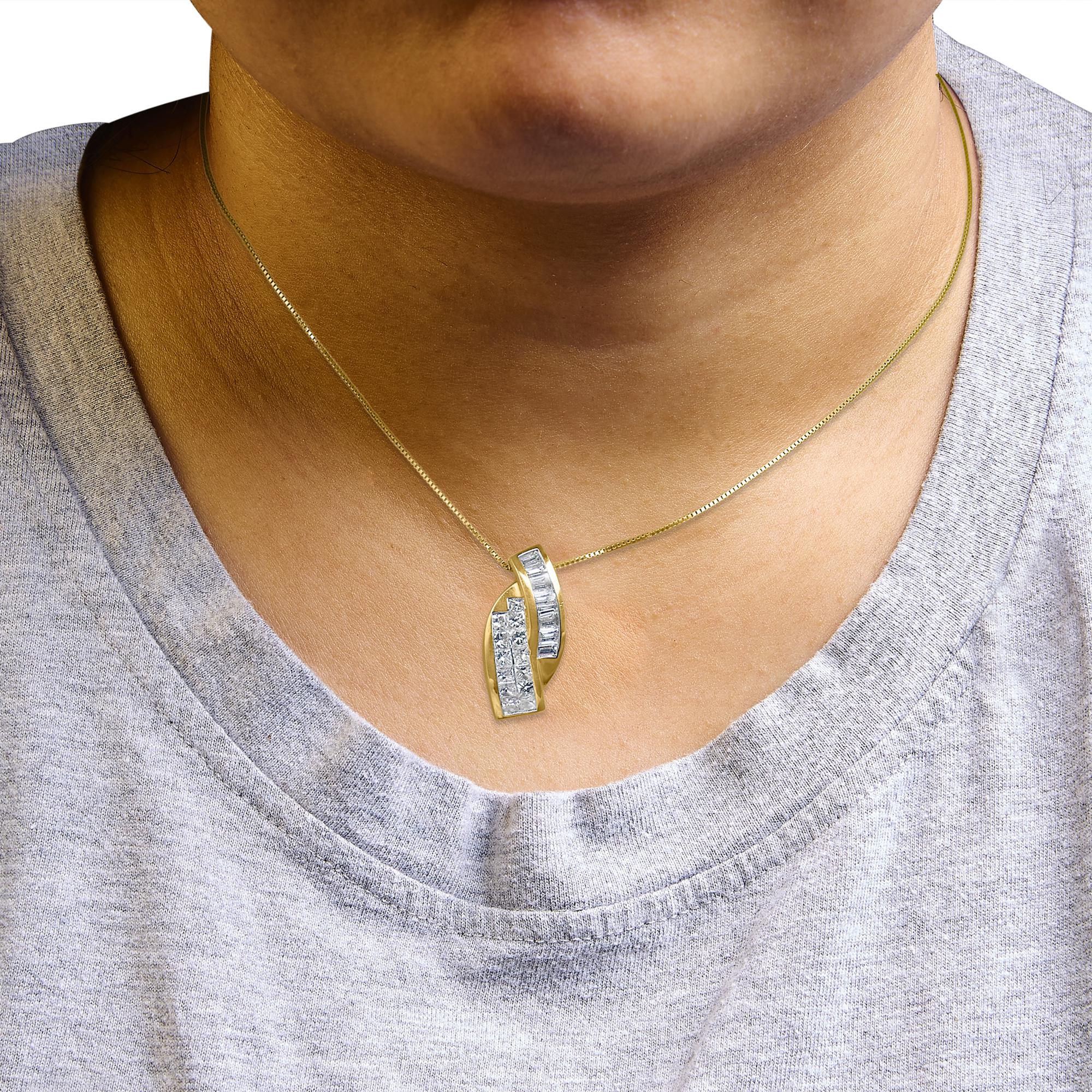 14k Yellow Gold 1 1/3 Cttw Princess and Baguette-cut Diamond Double Curved Pendant Necklace (H-I Color ,VS1-VS2 Clarity) - NO CHAIN INCLUDED