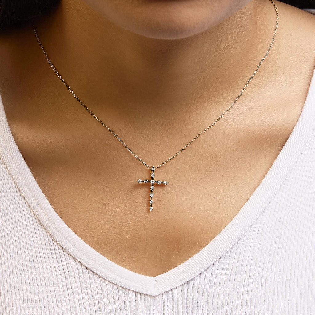 10K Yellow Gold Plated .925 Sterling Silver Miracle Set Diamond Accent Cross 18" Pendant Necklace (I-J Color, I3 Clarity)