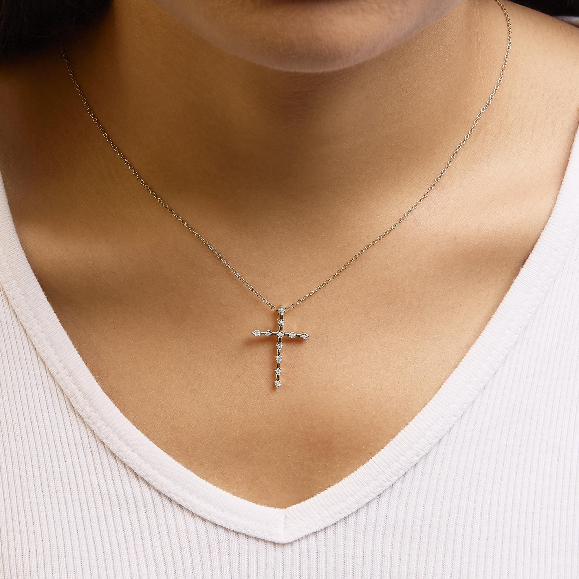 10K Yellow Gold Plated .925 Sterling Silver Miracle Set Diamond Accent Cross 18" Pendant Necklace (I-J Color, I3 Clarity)