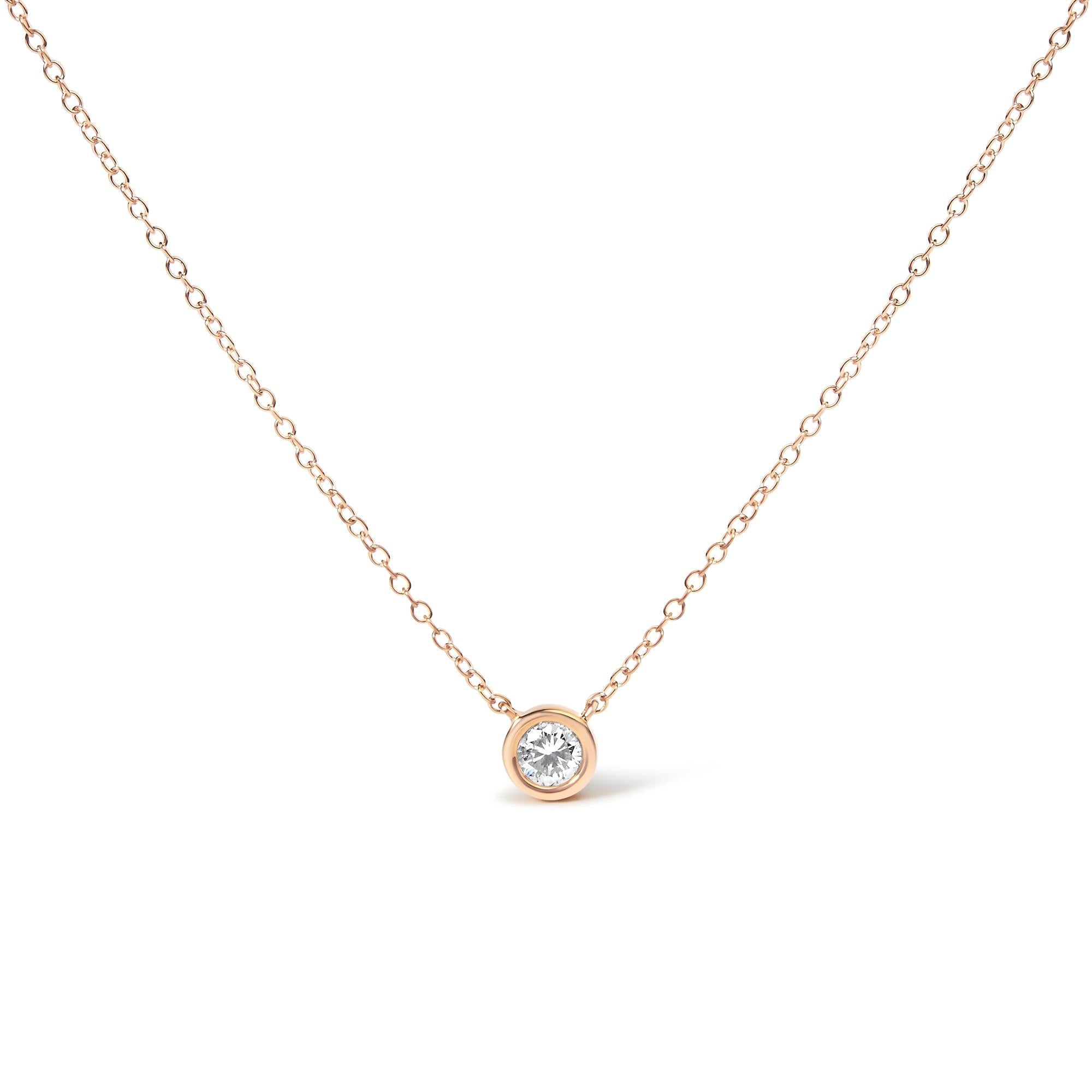 10K Rose Gold 1/5 Carat Round Brilliant-Cut Diamond Modern Bezel-Set Solitaire 16"-18" Pendant Necklace (H-I Color, SI2-I1 Clarity)