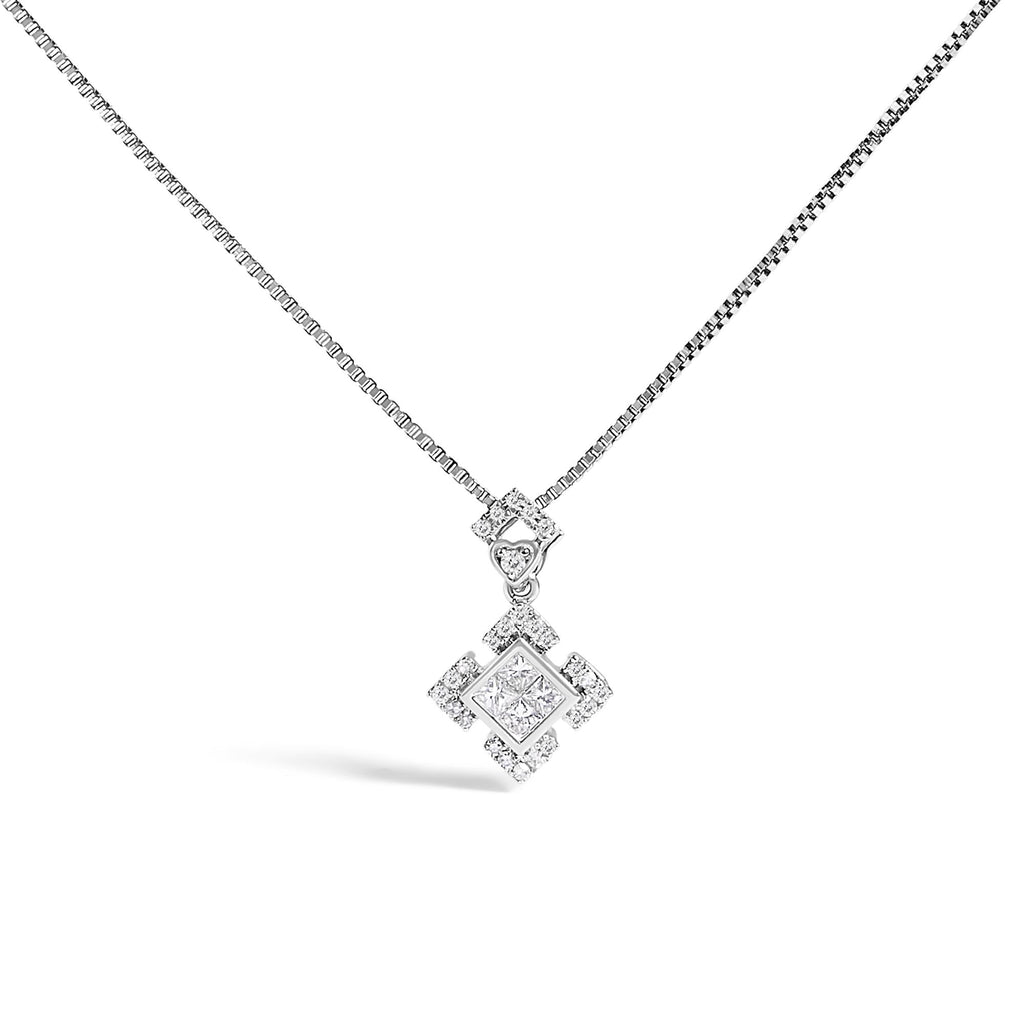 Diamond Geometric Halo Pendant Necklace in Rhodium-Plated 10K White Gold – 1/5 Cttw