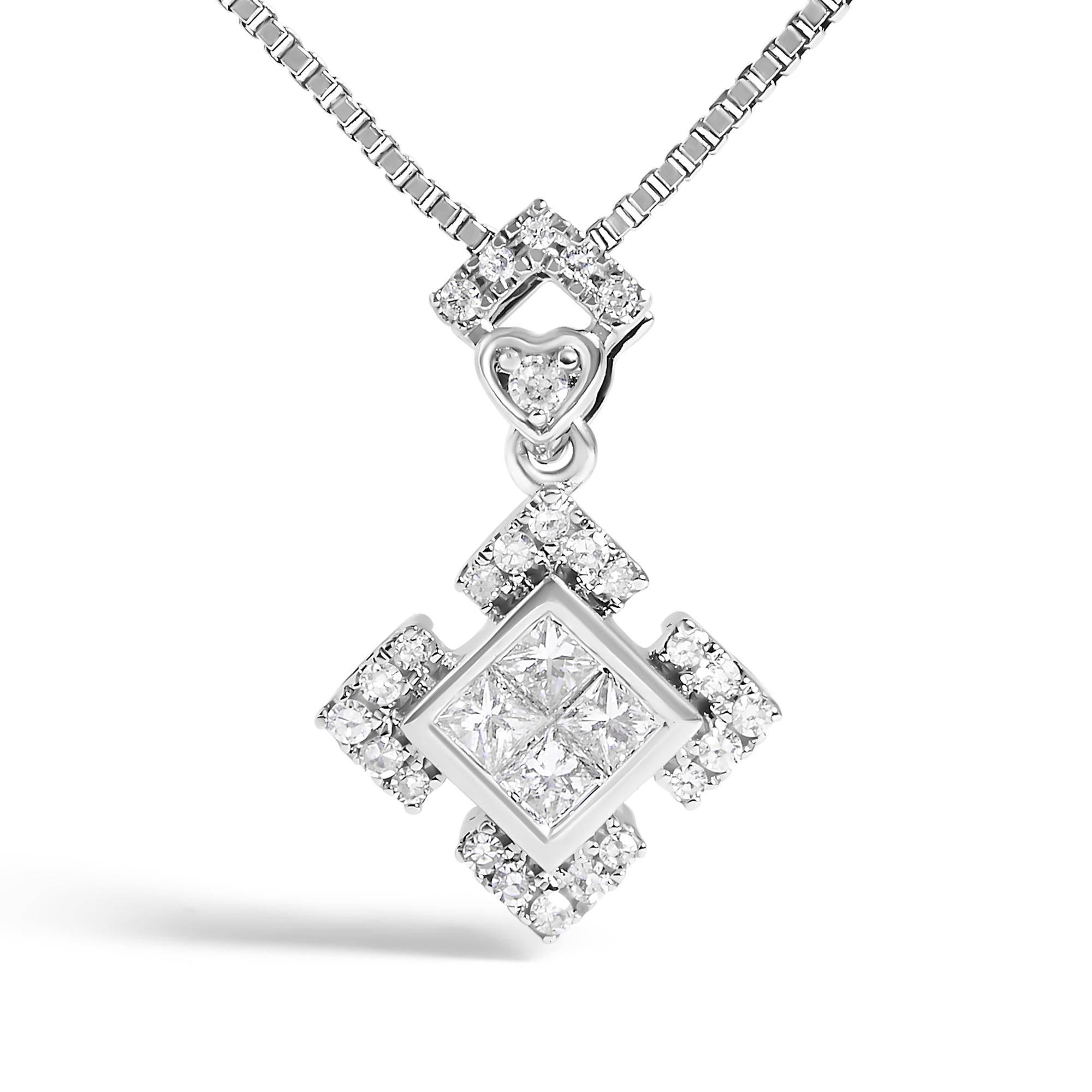 10K White Gold 1/5 Cttw Diamond Geometric Design Pendant Necklace