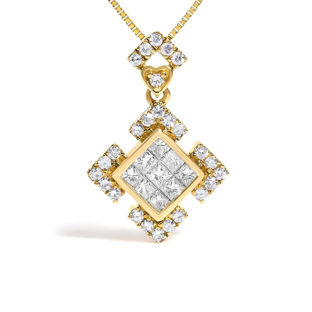 Princess Cut Diamond Geometric Halo Pendant Necklace in 10K Yellow Gold – 3/8 Cttw
