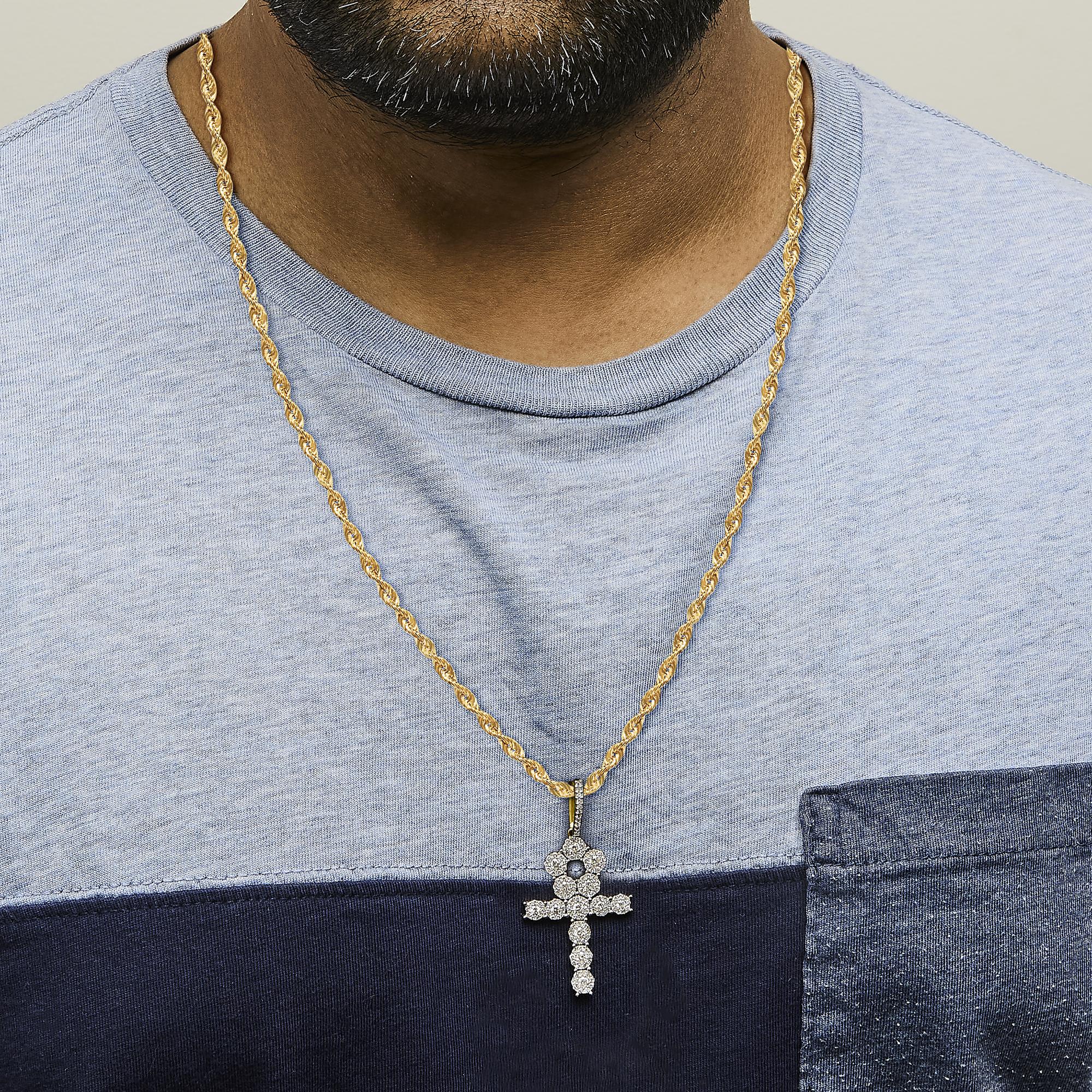 Men's 10K Yellow Gold 1 3/4 Cttw Diamond Cluster Ankh Cross Pendant Necklace - 18" Inches