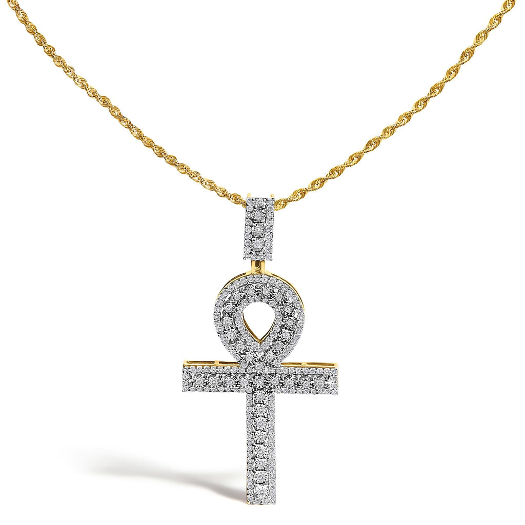 Diamond Pavé Ankh Cross Pendant Necklace in 10K Yellow Gold – 1.00 Cttw