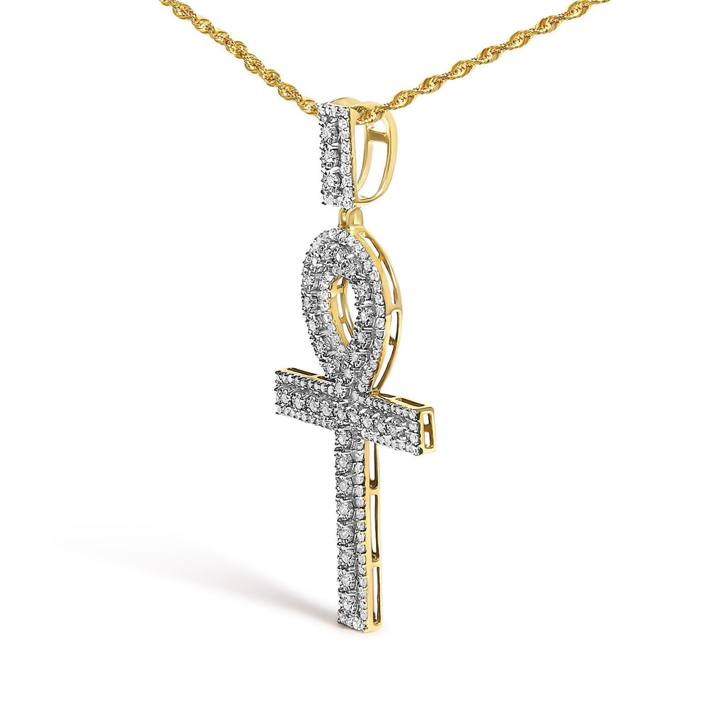 Diamond Pavé Ankh Cross Pendant Necklace in 10K Yellow Gold – 1.00 Cttw