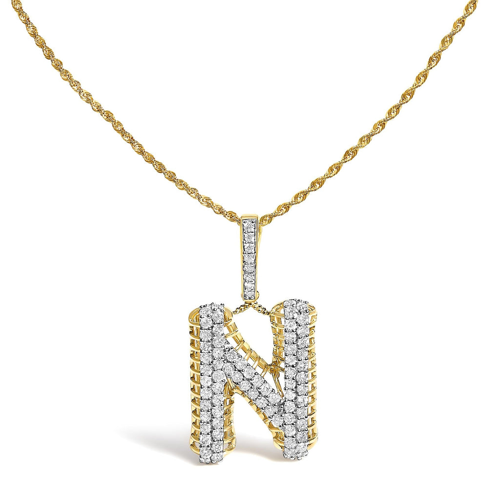 Men's 10K Yellow Gold 1 1/2 Cttw Diamond Letter N Initial Pendant Necklace