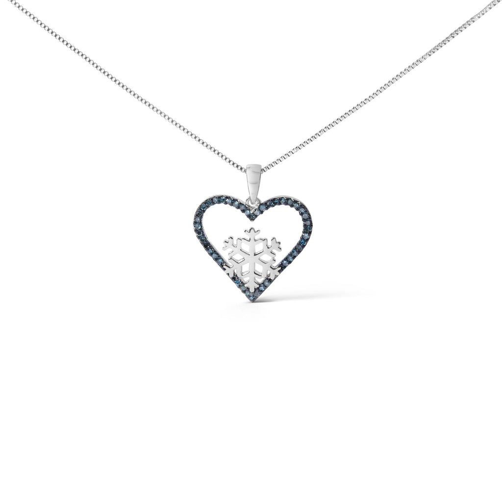 Treated Blue Diamond Heart & Snowflake Pendant Necklace in Sterling Silver