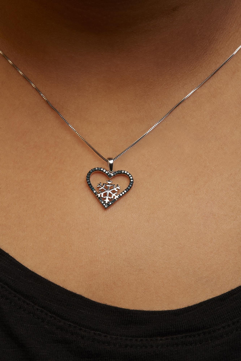 Treated Blue Diamond Heart & Snowflake Pendant Necklace in Sterling Silver