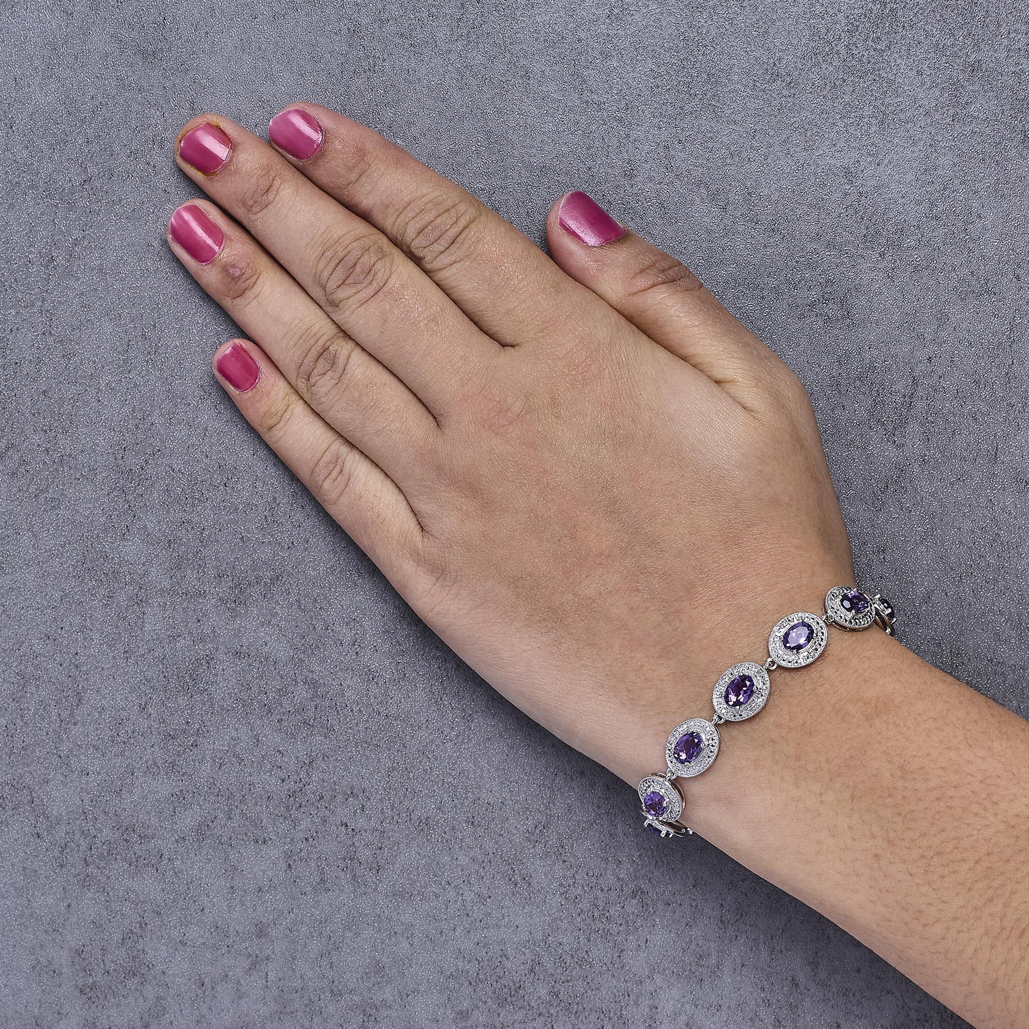 Sterling Silver 5x7 MM Oval Purple Amethyst & Diamond Halo Link Bracelet
