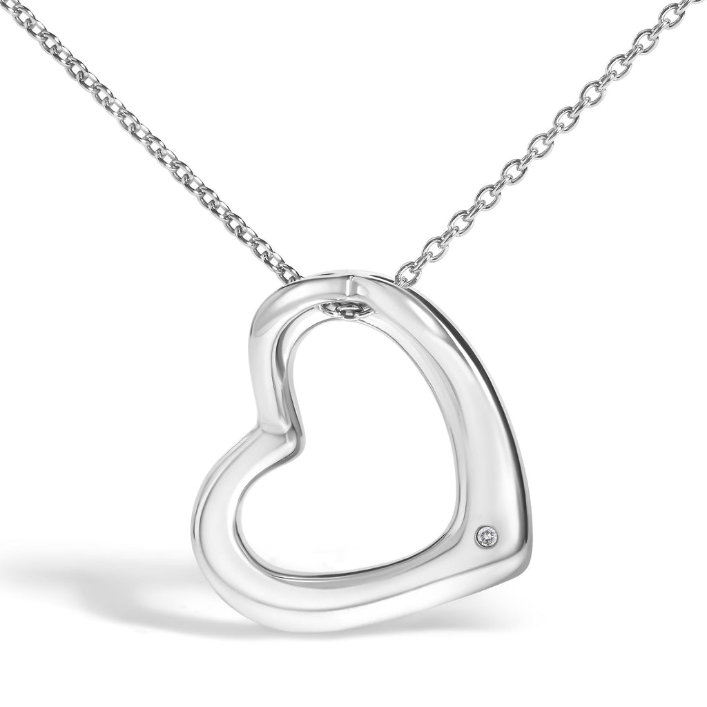 Diamond Heart Pendant Necklace in Rhodium-Plated Sterling Silver – Bezel Set