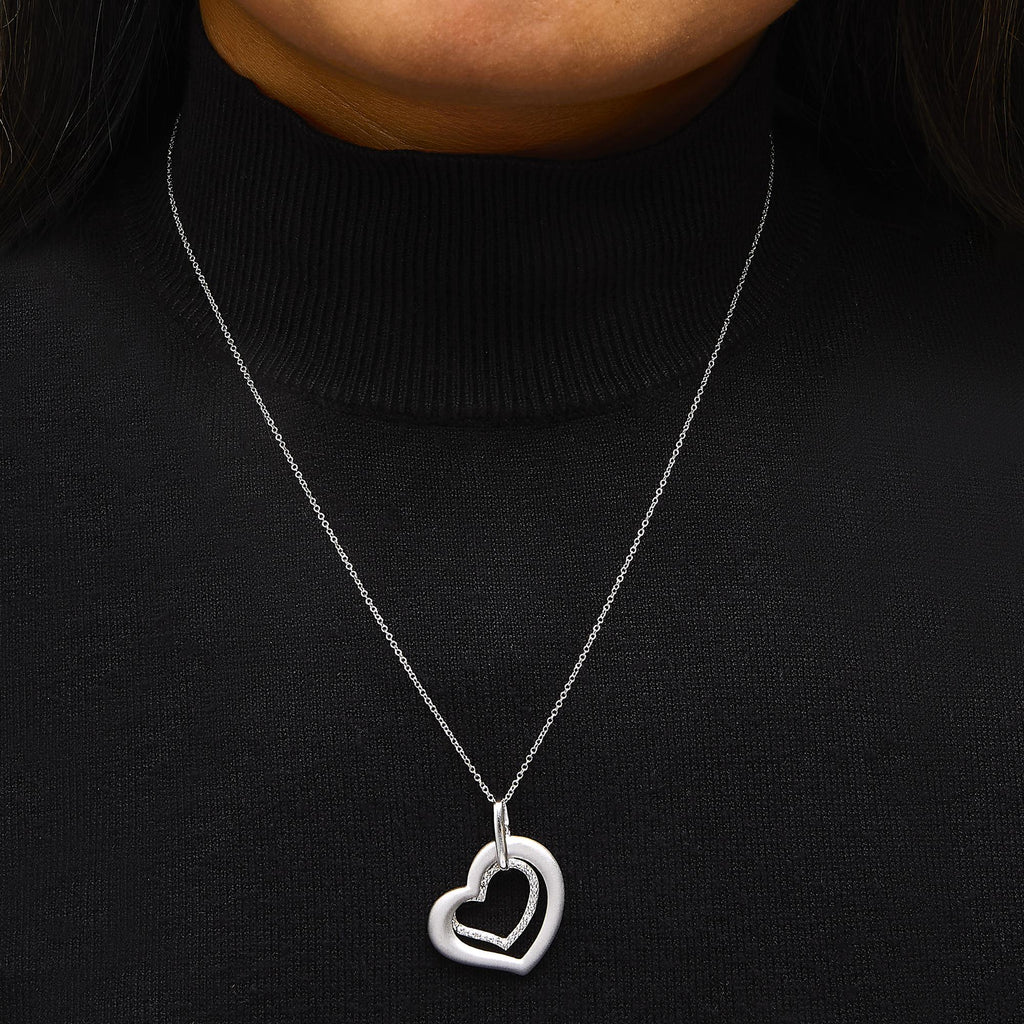 Diamond Matte Finish Heart Pendant Necklace in Rhodium-Plated Sterling Silver