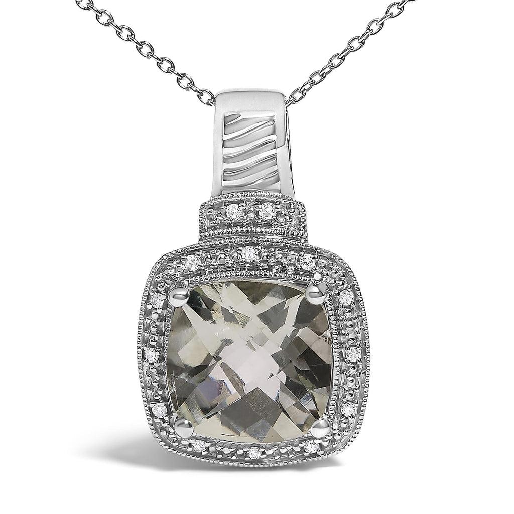 Gray-Green Amethyst & Diamond Halo Pendant Necklace in Sterling Silver