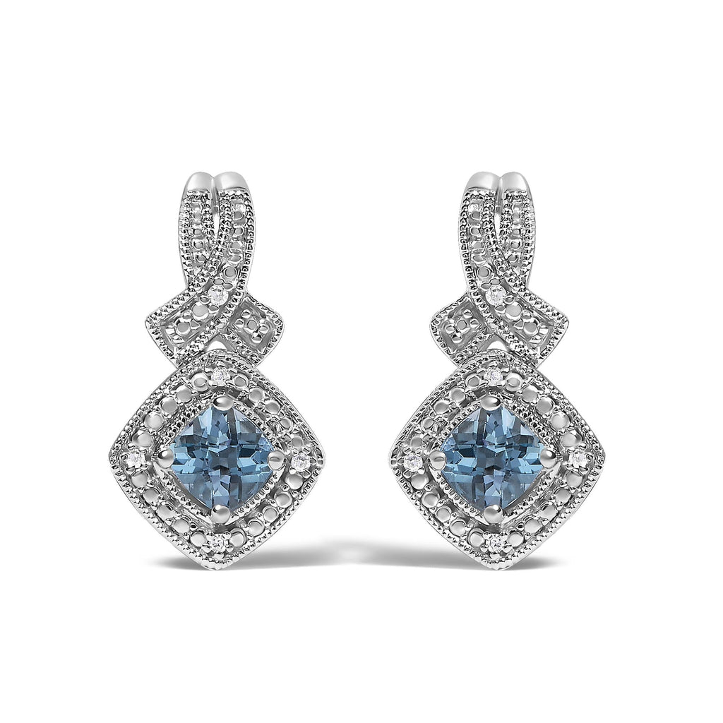 Blue Topaz & Diamond Accent Twist Dangle Earrings in Sterling Silver – Cushion Cut