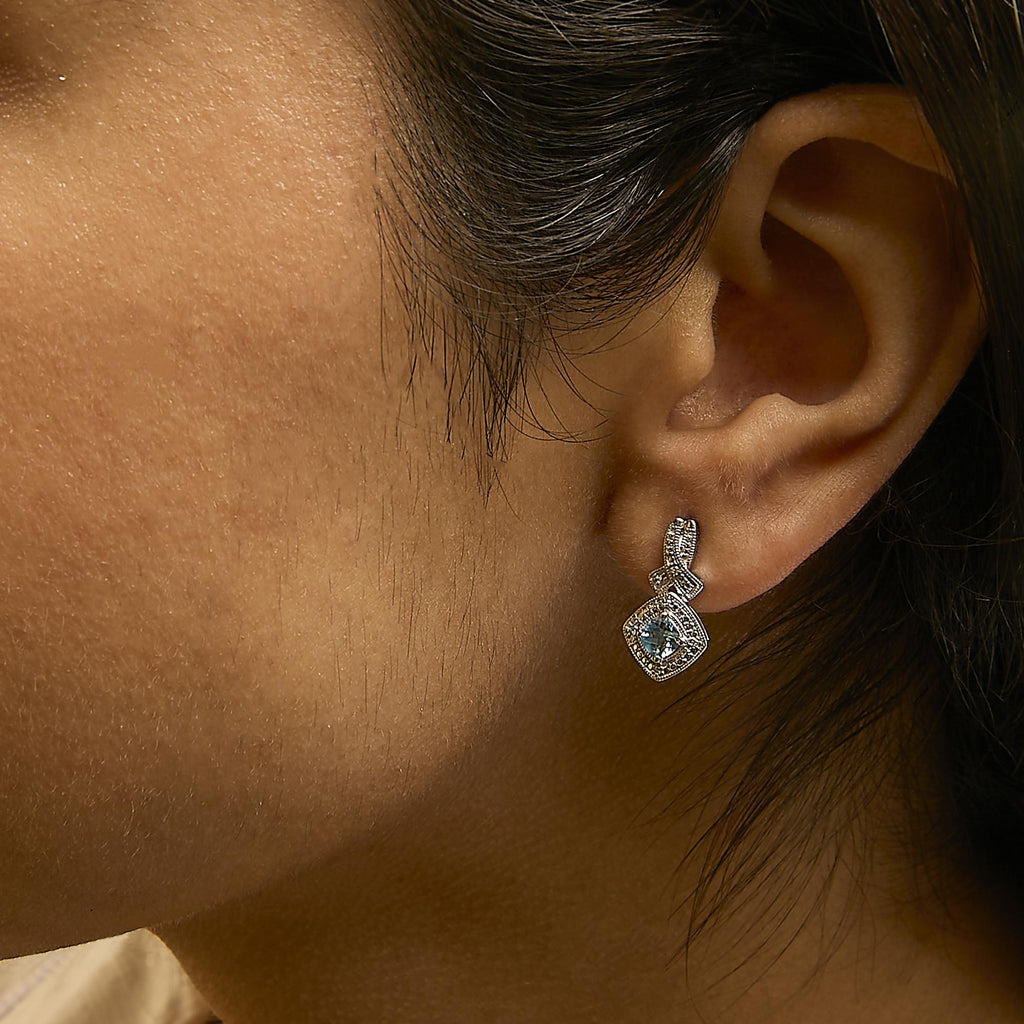 Blue Topaz & Diamond Accent Twist Dangle Earrings in Sterling Silver – Cushion Cut