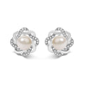 Sterling Silver Pearl and 1/10 Cttw Diamond Floral Twist Stud Earrings