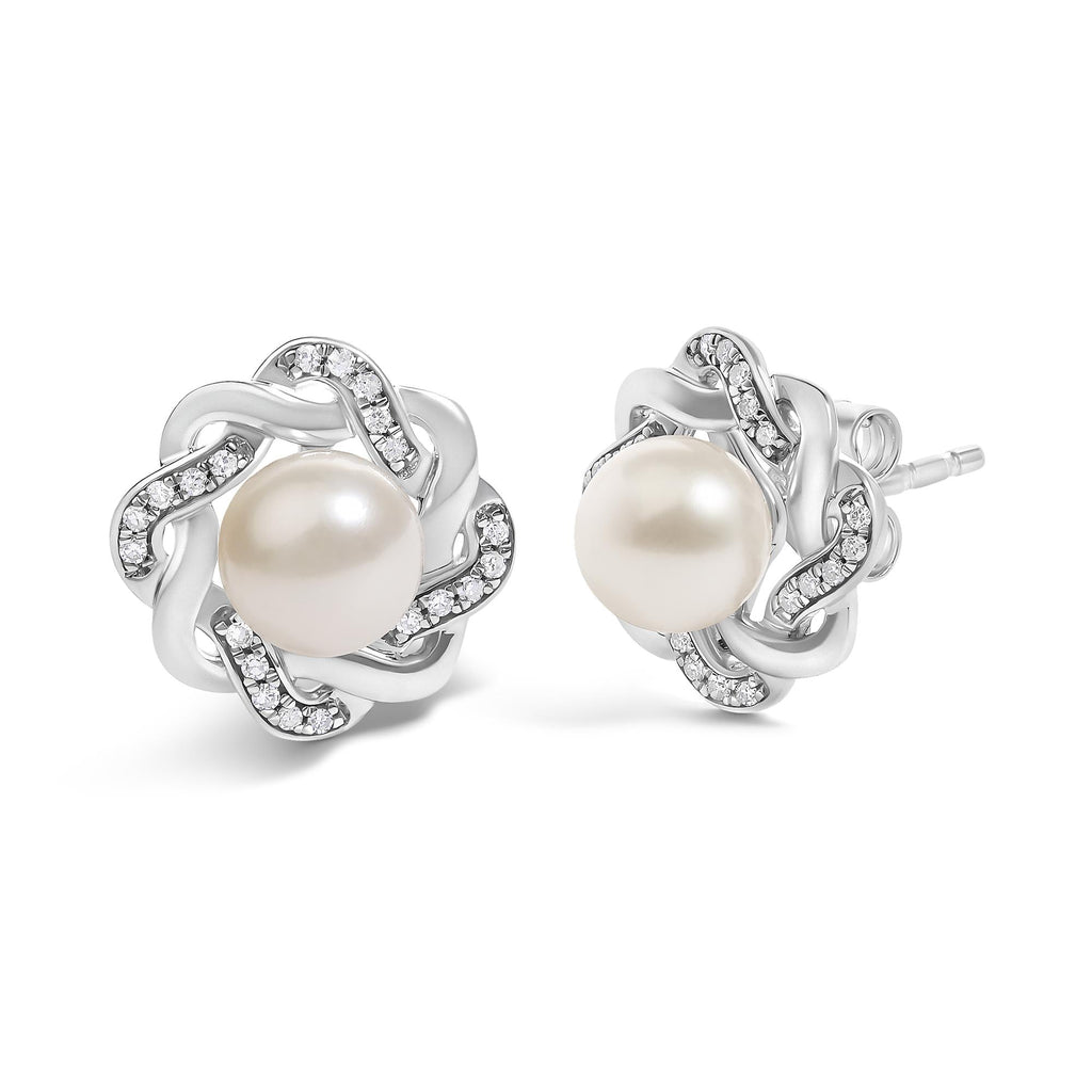 Pearl & Diamond Floral Twist Stud Earrings in Sterling Silver – 0.10 Cttw
