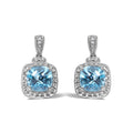 Blue Topaz & Diamond Accent Drop Earrings in Sterling Silver – 8x8mm Cushion Cut