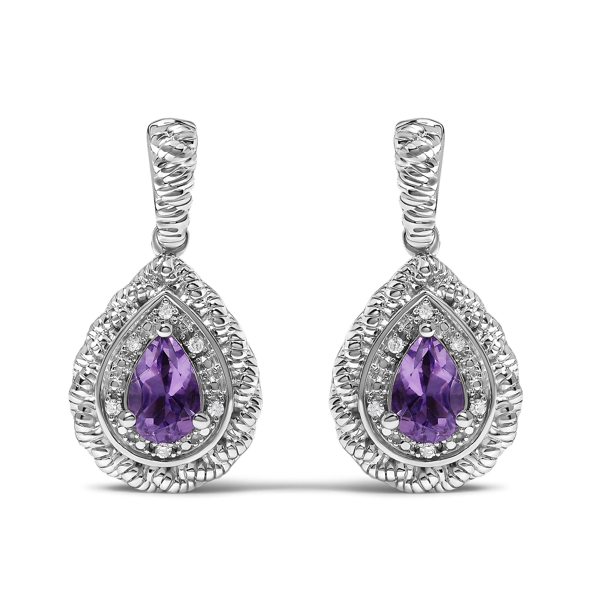 Sterling Silver Pear Cut Amethyst and Diamond Accent Teardrop Drop Earrings