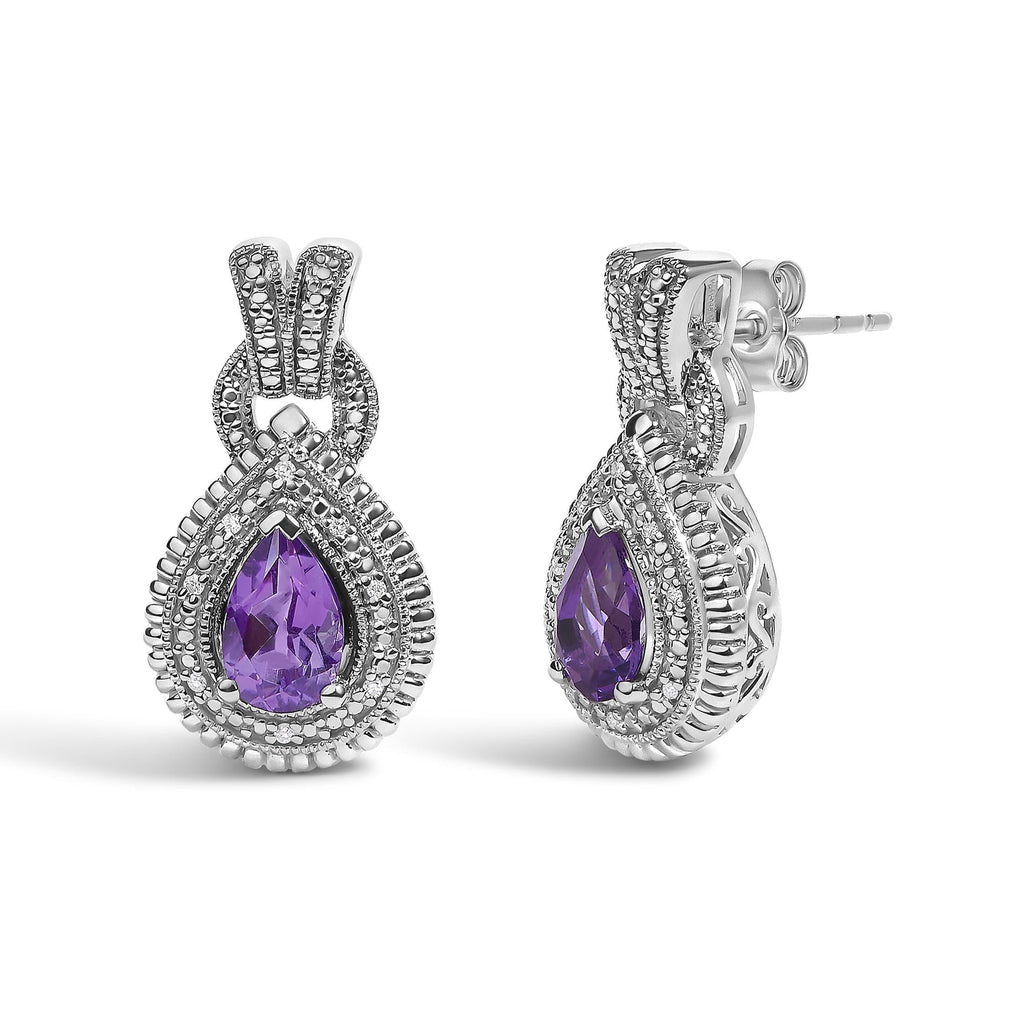 Amethyst & Diamond Accent Teardrop Stud Earrings in Sterling Silver – Pear Cut