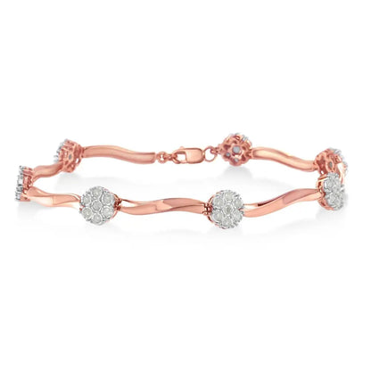 .925 10k Rose Gold Over Sterling Silver 1.0 cttw Diamond Floral Link Bracelet (I-J Color,I3 Clarity) - Bijoux-NYC Direct